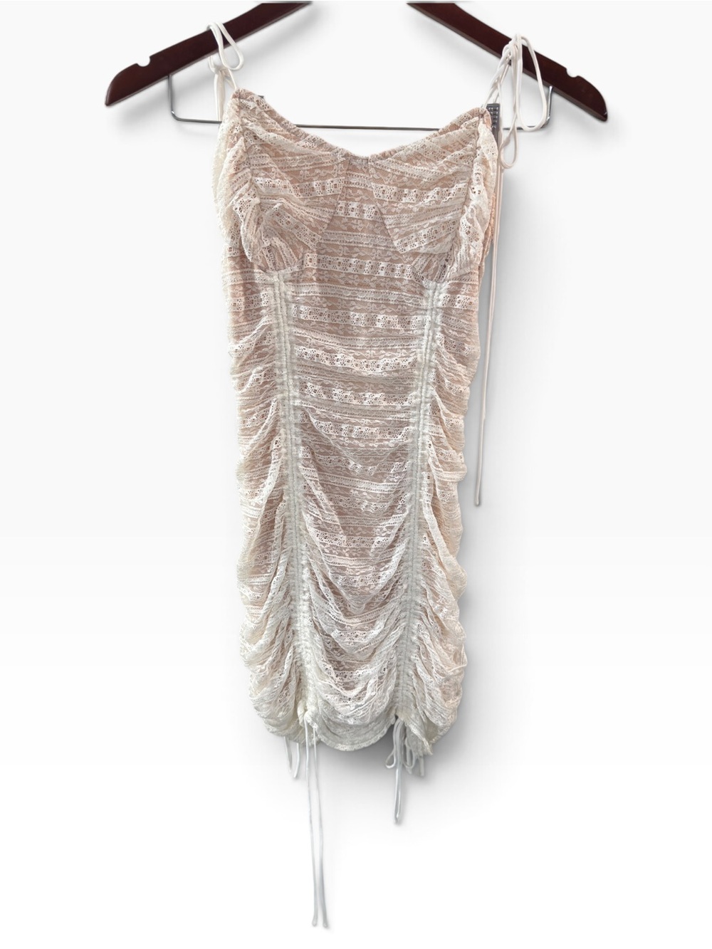 Fashion Nova Nude & White Lace Ruched Mini Dress